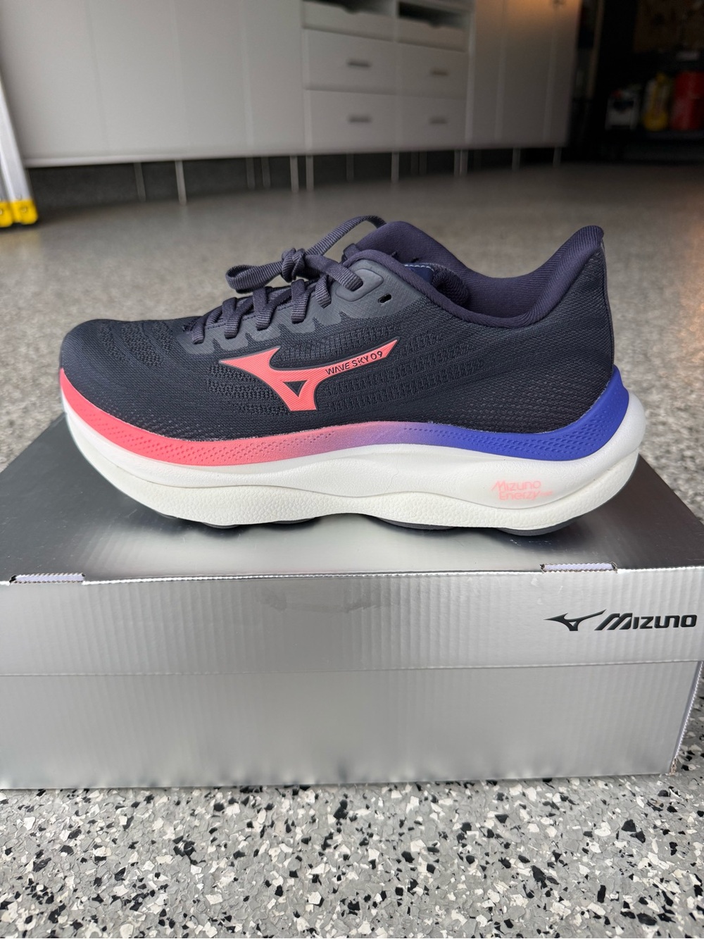 Mizuno Women's Navy Running Shoe with Pink and Purple Accents